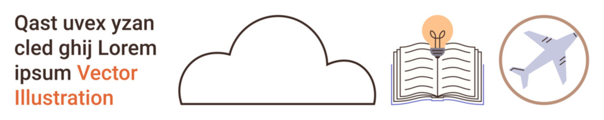 Education, creativity, travel inspiration, ideas, brainstorming, and learning concepts. A cloud, an open book with a glowing bulb and an airplane in a circular frame are . Education and creativity © robu_s