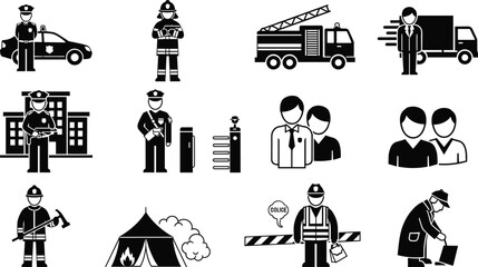Police and emergency service silhouettes set, firefighter officer security icons, public safety authority black stick figure vector illustration collection © Its Marjia's World