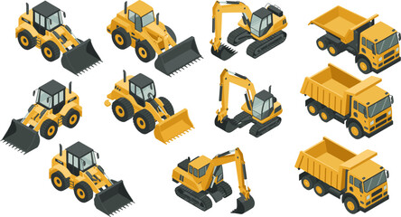 Isometric Construction Vehicles Collection Featuring Wheel Loader, Excavator and Dump Truck Heavy Machinery Isolated on White Background for Industrial Engineering Design © Akadosh