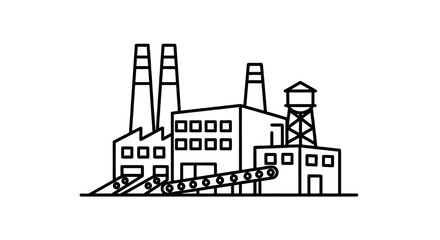 Naklejka premium Line Drawing Illustration of an Industrial Factory with Multiple Chimneys and Storage Tanks