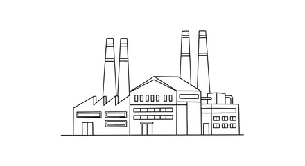 Obraz premium Line Drawing of Industrial Factory with Chimneys and Machinery