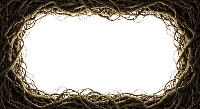 A detailed frame of intertwined, gnarled tree roots and bare branches, adorned with subtle green moss. Isolated on a clean white background, providing excellent copy space.