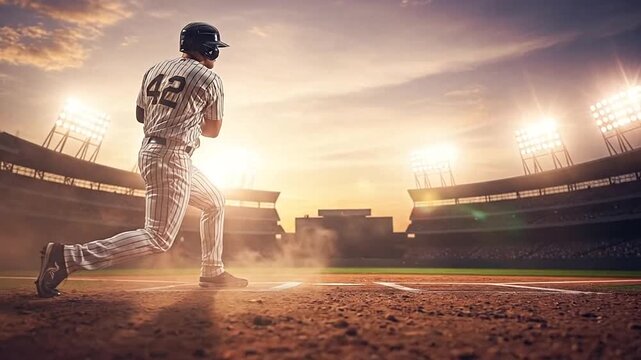 Energetic baseball player running across a brightly lit stadium field during a game at sunset or sunrise, showcasing athletic determination and competitive spirit. 4k video