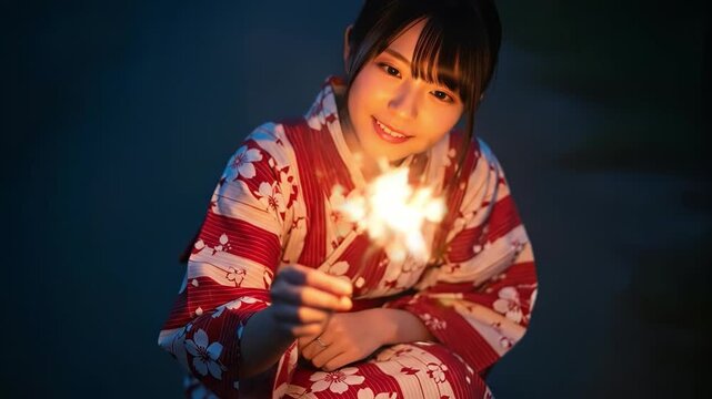 色鮮やかな浴衣姿で手持ち花火を楽しむ笑顔が素敵な女性