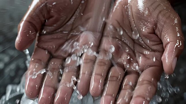 Hands cupping water with droplets splashing, a moment of serenity and cleanliness