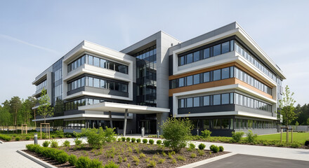 Obraz premium Contemporary Corporate Headquarters Exterior Showcasing Modern Architectural Design and Professional Atmosphere