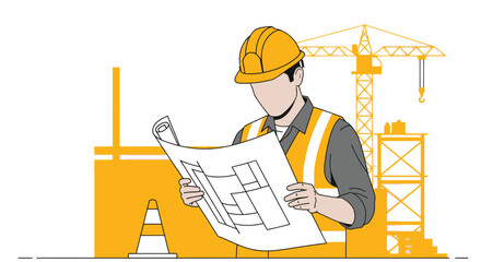 Construction Worker Reviewing Blueprint at Job Site