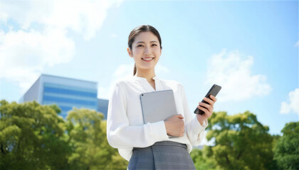 Fototapeta premium 青空の下でタブレットとスマートフォンを持つ笑顔のビジネス女性