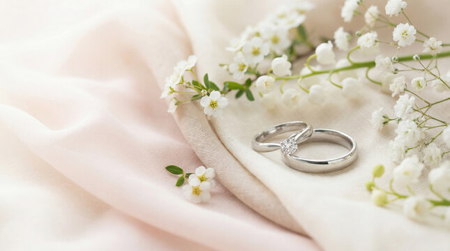 Elegant spring wedding rings with diamond engagement and plain band on soft fabric, featuring white flowers, symbolizing love, commitment, and National Wedding Planning Day.