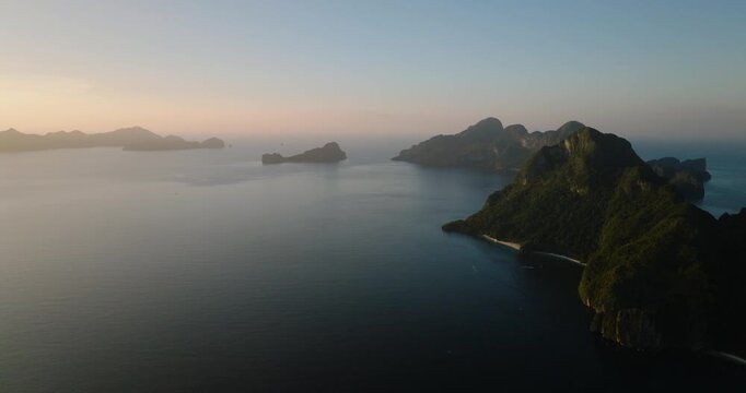 Aerial view of Islands in El Nido at dusk time. Beaches in coastline of Islands. Palawan, Philippines.