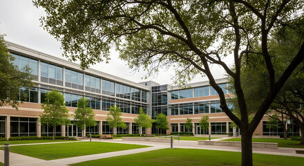Fototapeta premium Contemporary Corporate Headquarters Exterior Showcasing Modern Architecture and Lush Greenery
