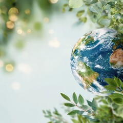 A vibrant image of planet Earth embraced by fresh green leaves