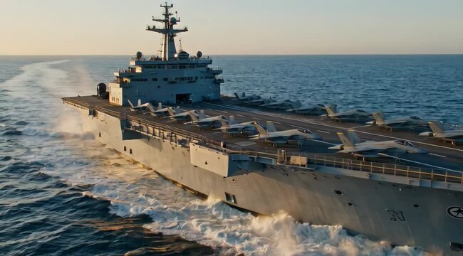 Modern Aircraft Carrier Sailing at Sea During Sunset &ndash; Military Naval Warship in Ocean
