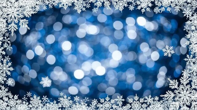 Festive blue bokeh lights with a beautiful border of delicate white snowflakes, creating a magical and sparkling winter holiday background. 4k video