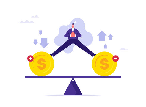 Budget balance or money management concept, businessman standing on the seesaw tries to balance between income and spending