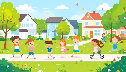 Naklejka premium Children playing in a neighborhood street with houses and trees.
