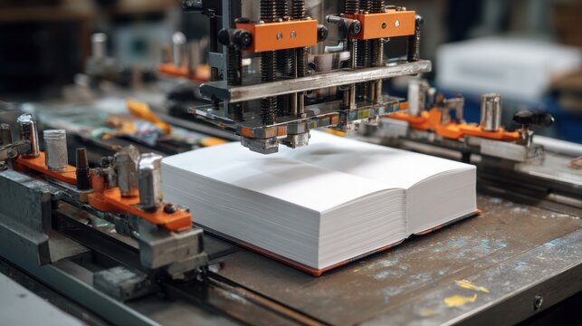 book binding process with glue and clamps on blurred background 