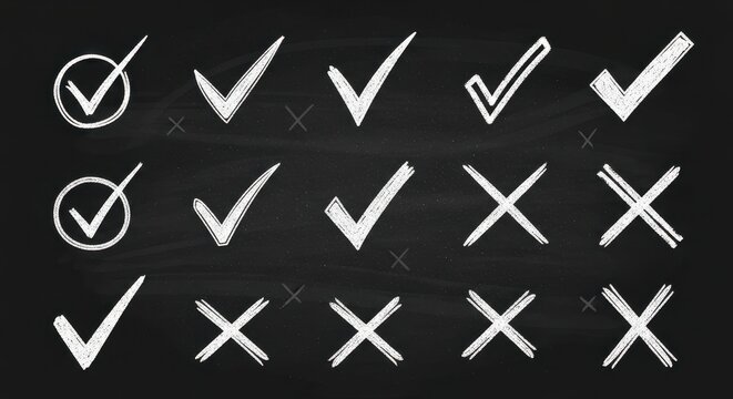 Hand-Drawn Check Marks and Crosses on Chalkboard Background.