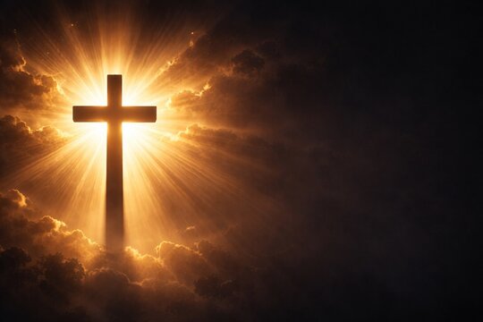  Silhouette of a Christian cross with dramatic celestial light at dawn, symbol of faith, hope, and resurrection at Easter, spiritual image