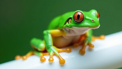 Obraz premium Green tree frog perched on white, vibrant skin, wet, animal, summer