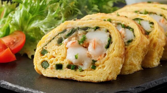 Sliced egg roll with shrimp and herbs on a dark plate garnished with salad and tomato