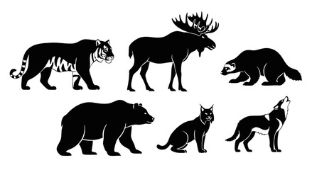Obraz premium Black and white silhouette illustration of wild forest animals including a tiger moose bear lynx howling wolf and wolverine in a row