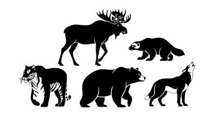 Naklejka premium Black and white silhouette illustration of wild animals including a tiger moose bear howling wolf and wolverine in a collection