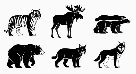 Obraz premium Black and white silhouette illustration of a collection of wild animals including a tiger moose wolverine bear lynx and wolf