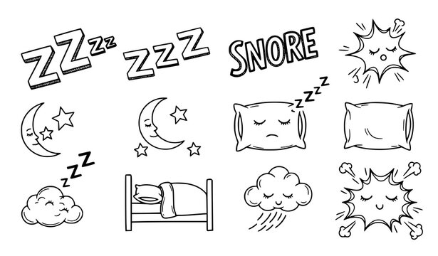Sleep doodle outline icon set vector zzz snore bed nap dream symbols isolated on transparent background