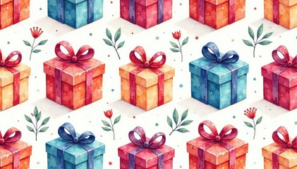 Intricate watercolor painted gift boxes forming a seamless pattern , romantic, craft