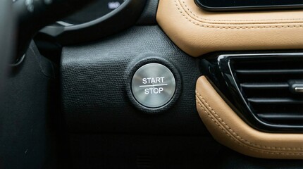 Obraz premium Car Start Button in Luxury Vehicle Interior with Soft Lighting and Leather Trim for Automotive Design