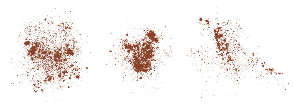 Cinnamon powder splatter texture set isolated on white background. Brown spice dust particles and stains for grunge overlays, food packaging, and abstract design. Powder splatter texture