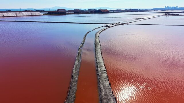 Workers gather salt from vibrant salt flats filled with colorful water. The area is near the coast and shows structures used for salt farming under sunlight.