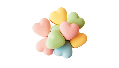 Pile of multicolored heart shaped candies isolated on a transparent background, vibrant sweet treats in various pastel colors for romantic occasions