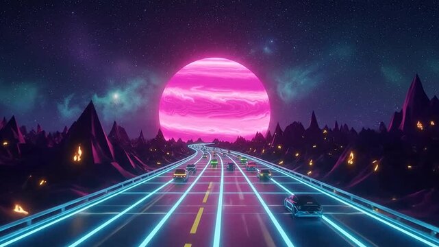 Vibrant neon glowing road leading towards a surreal pink planet in a retro-futuristic cosmic landscape with stylized mountains and starry sky. 4k video