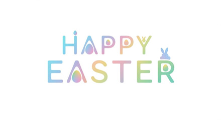Colorful happy easter greeting with bunny and egg symbols on white background