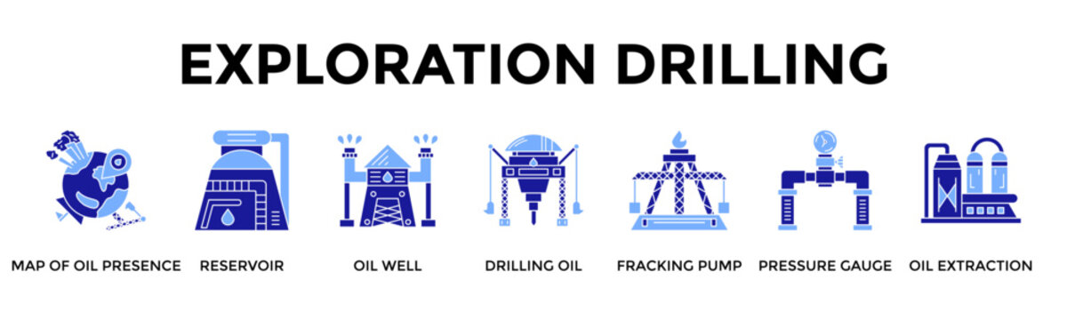 Exploration Drilling Icon Set Collection Pack Banner Web Vector Illustration  Concept Containing Map Of Oil Presence, Reservoir, Oil Well, Drilling Oil, Fracking Pump, Pressure Gauge, Oil Extraction