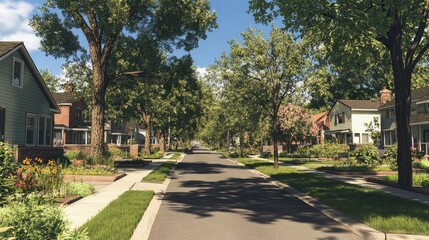 Fototapeta premium Suburban Street: Tree-Lined Houses and Tranquil Living