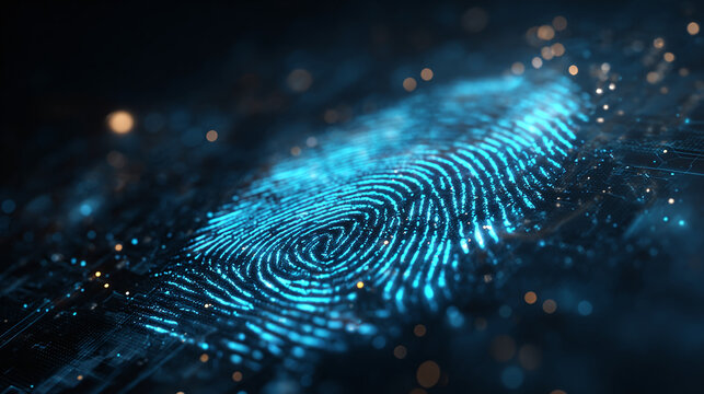 A digital fingerprint illuminated with glowing lines, representing biometrics and technology
