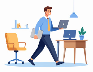 Fototapeta premium A busy professional man walking through a modern office, carrying a laptop and documents, showcasing multitasking and efficiency in a contemporary workspace