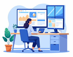 Naklejka premium Professional woman efficiently managing business data and complex analytics on multi-monitor workstation, enhancing productivity and digital workflow in a modern office environment
