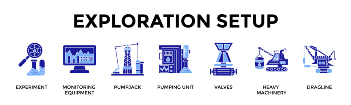 Exploration Setup Icon Set Collection Pack Banner Web Vector Illustration  Concept Containing Experiment, Monitoring Equipment, Pumpjack, Pumping Unit, Valves, Heavy Machinery, Dragline