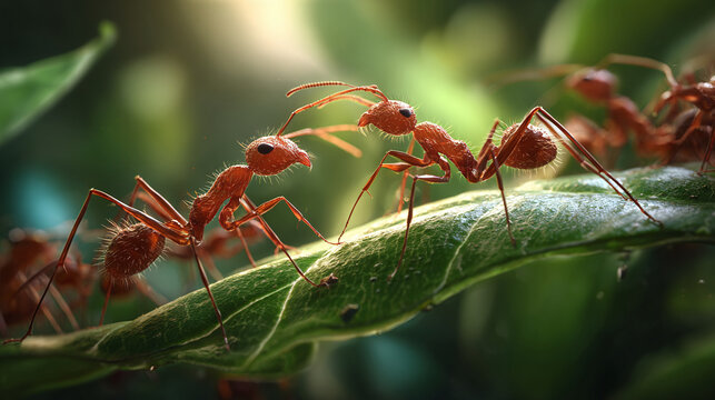 A group of ants interacting on a green leaf, showcasing intricate details of their communication and teamwork