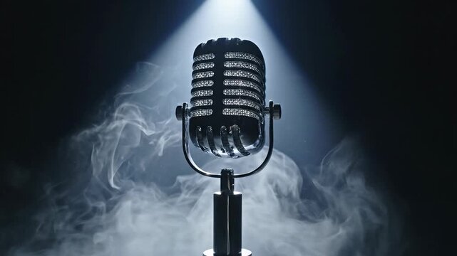 Vintage microphone on stage with dramatic spotlight and swirling smoke, retro performance concept