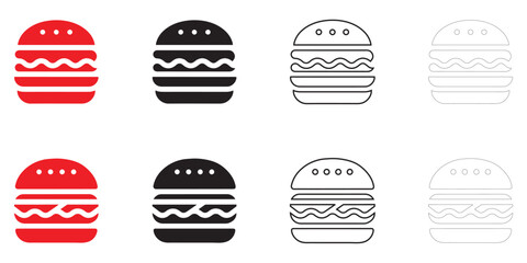 burger icon vector set, burger fast food symbol vector, silhouette and line art illustration