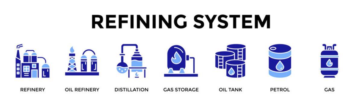 Refining System Icon Set Collection Pack Banner Web Vector Illustration  Concept Containing Refinery, Oil Refinery, Distillation, Gas Storage, Oil Tank, Petrol, Gas
