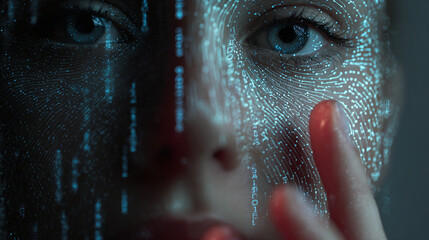 A digital interface projected onto a person's face, symbolizing technology and future concept