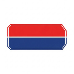 A red and blue vector graphic label icon with a white outline on a transparent background