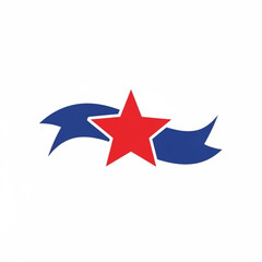 Obraz premium A red star icon with a blue ribbon on a white background, representing achievement and excellence in a minimalist flat design style.