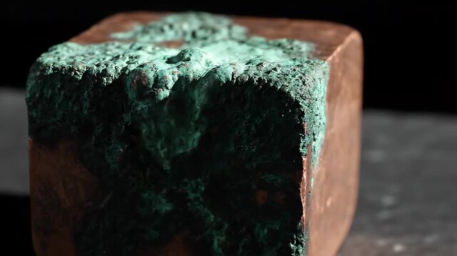 Close-up of a textured copper cube with verdigris patina